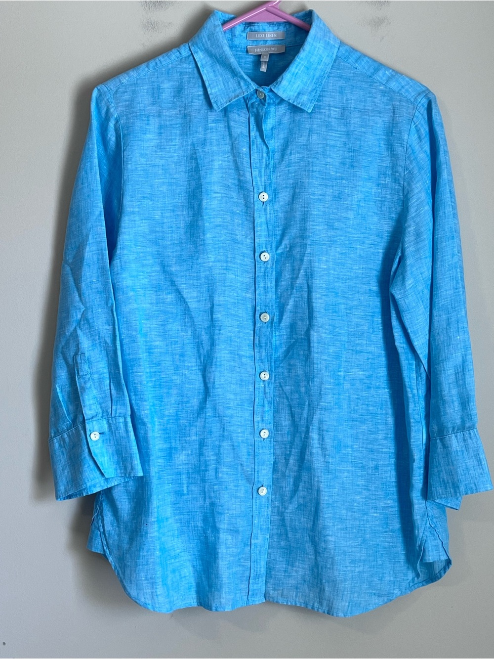 NWOT Hinson Wu Luxe Linen Long Sleeve Button Shirt Size 8 Teal Blue